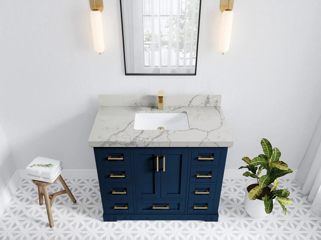 Boston 42 in. W x 22 in. D Single Sink Bathroom Vanity in Navy Blue with 2 in Venatino Quartz Countertop - Top View