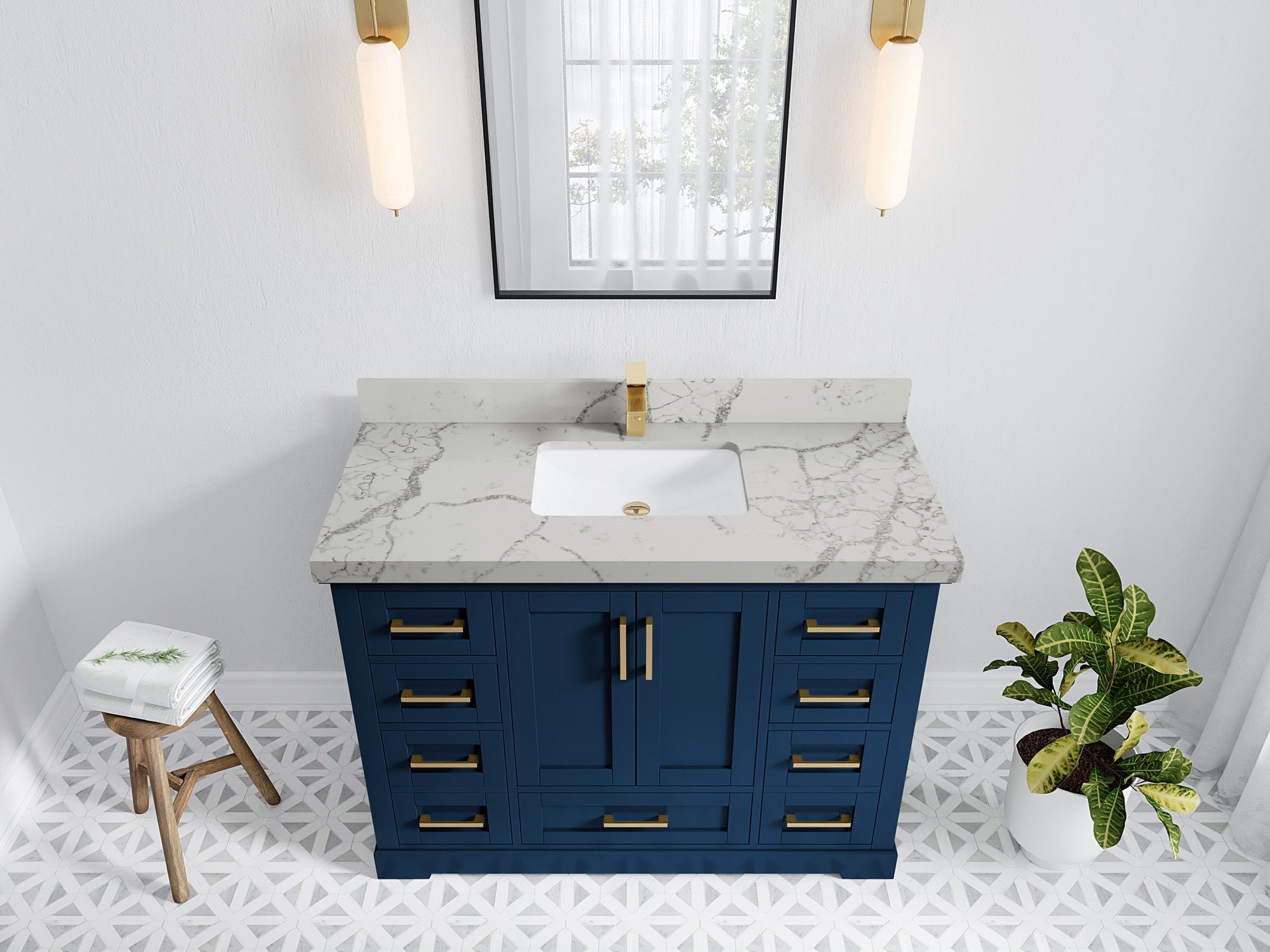 Boston 48 in. W x 22 in. D Single Sink Bathroom Vanity in Navy Blue with 2 in Venatino Quartz Countertop - Top View
