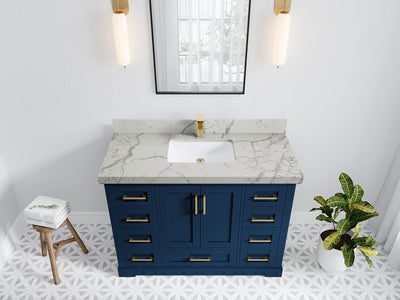 Boston 48 in. W x 22 in. D Single Sink Bathroom Vanity in Navy Blue with 2 in Venatino Quartz Countertop - Top View