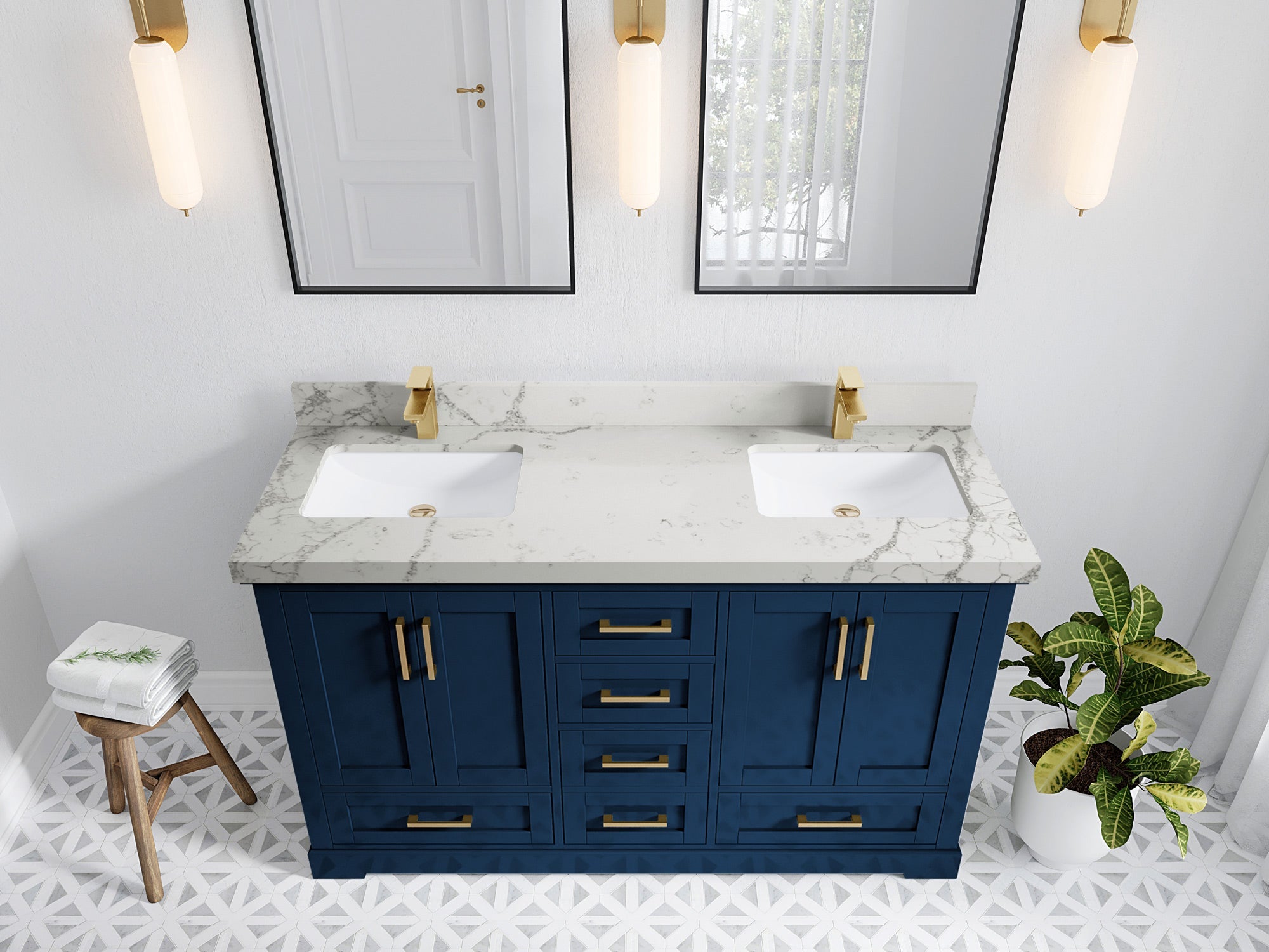 Boston 60 in. W x 22 in. D Double Sink Bathroom Vanity in Navy Blue with 2 in Venatino Quartz Countertop - Top View