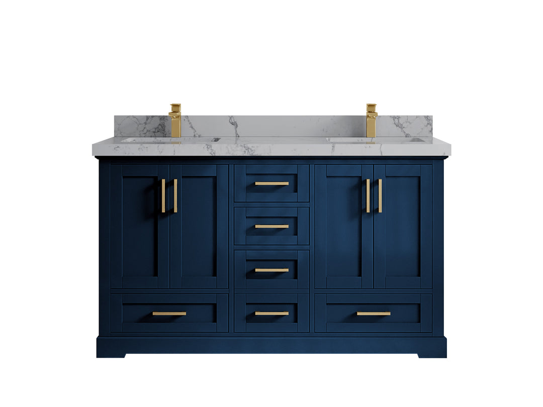 Boston 60 in. W x 22 in. D Double Sink Bathroom Vanity in Navy Blue with 2 in Venatino Quartz Countertop