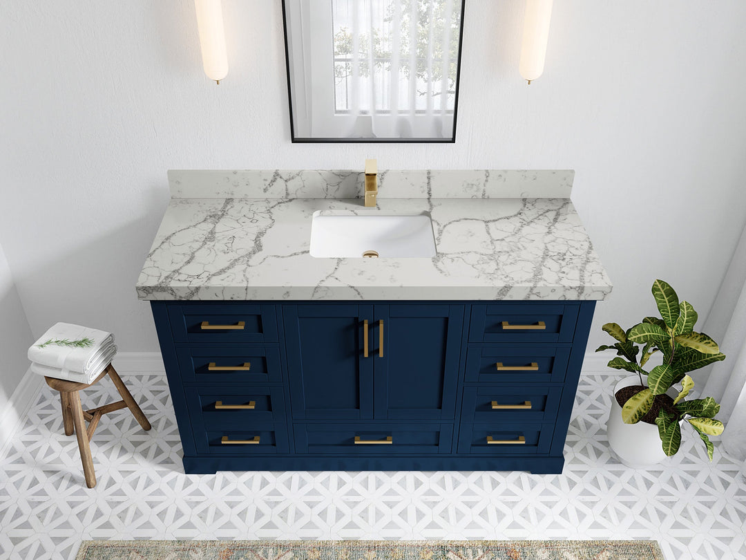 Boston 60 in. W x 22 in. D Single Sink Bathroom Vanity in Navy Blue with 2 in Venatino Quartz Countertop - Top View