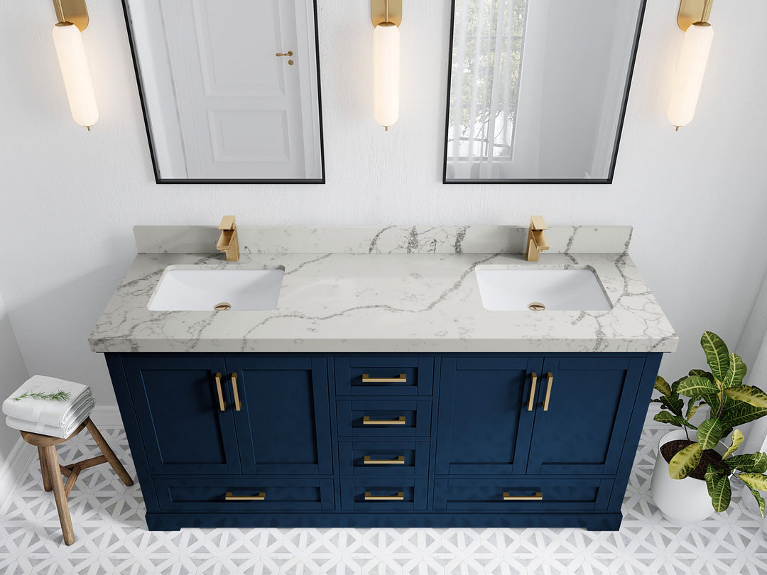 Boston 72 in. W x 22 in. D Double Sink Bathroom Vanity in Navy Blue with 2 in Venatino Quartz Countertop - Top View