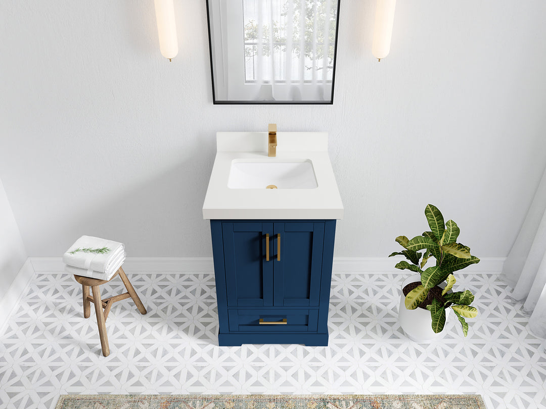Boston 24 in. W x 22 in. D Single Sink Bathroom Vanity in Navy Blue with 2 in White Quartz Countertop - Top View