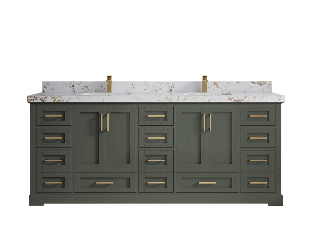 Boston 84 in. W x 22 in. D Single Sink Bathroom Vanity in Pewter Green with 2 in Viola Gold Quartz Countertop