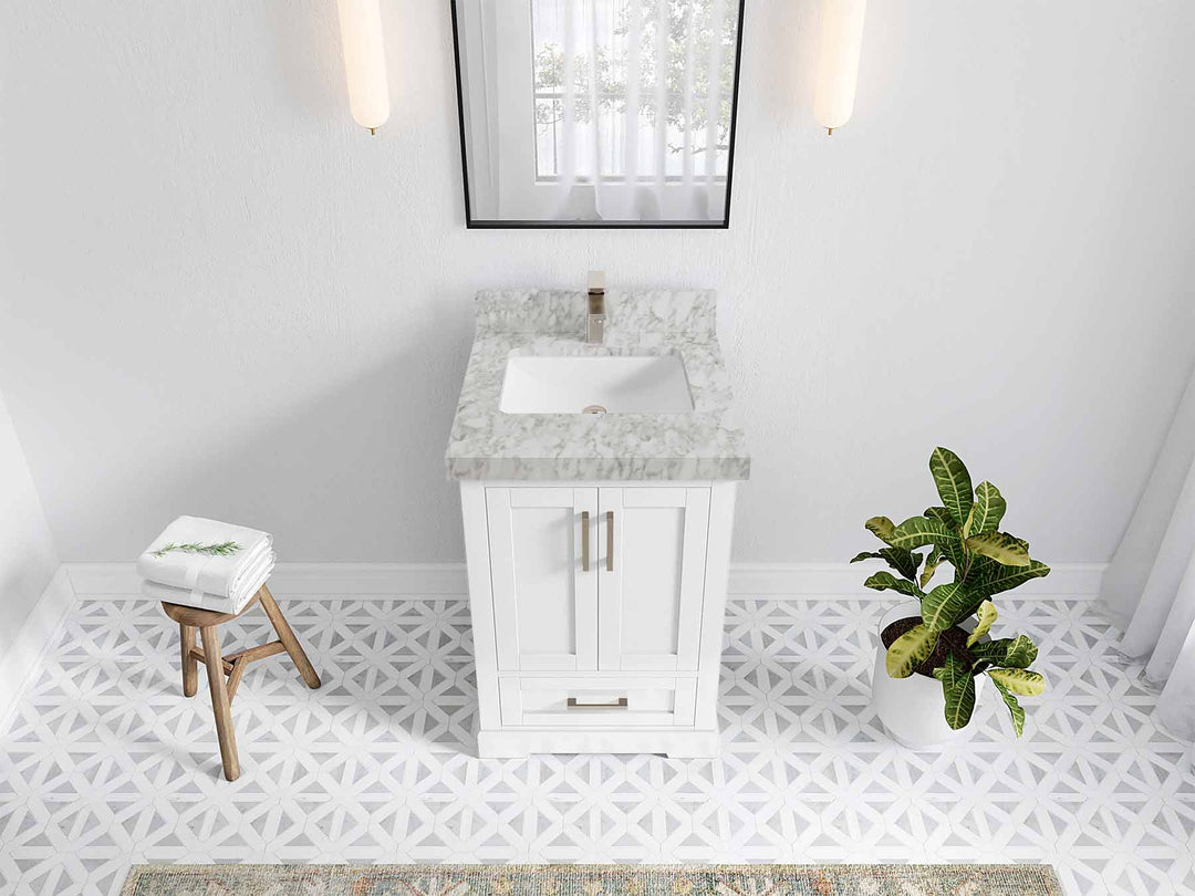 Boston 24 in. W x 22 in. D Single Sink Bathroom Vanity in White with 2 in Carrara Marble Countertop - Top View