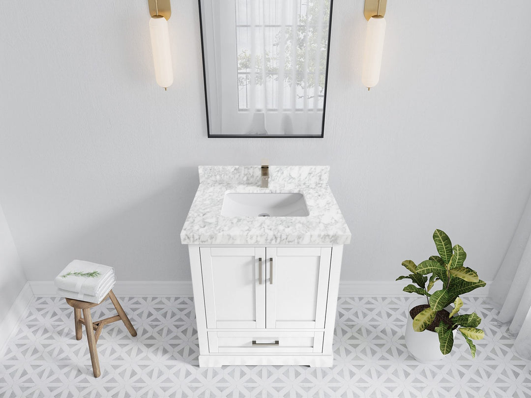 Boston 30 in. W x 22 in. D Single Sink Bathroom Vanity in White with 2 in Carrara Marble Countertop - Top View