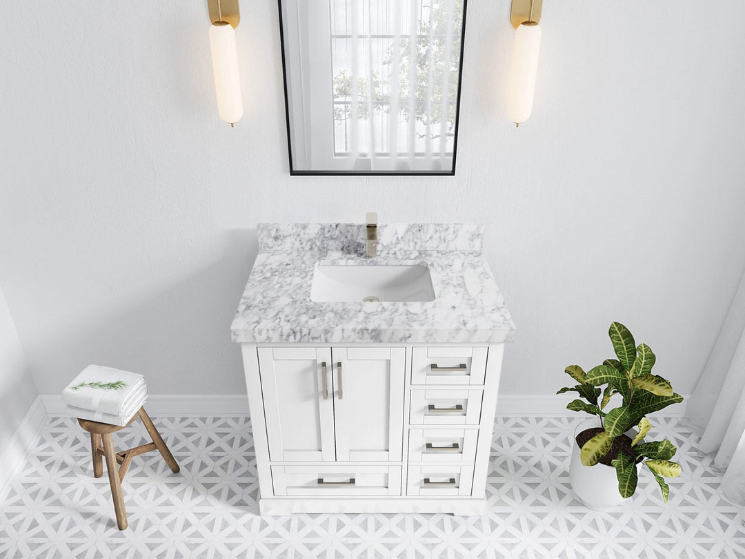 Boston 36 in. W x 22 in. D Single Sink Bathroom Vanity in White with 2 in Carrara Marble Countertop - Top View