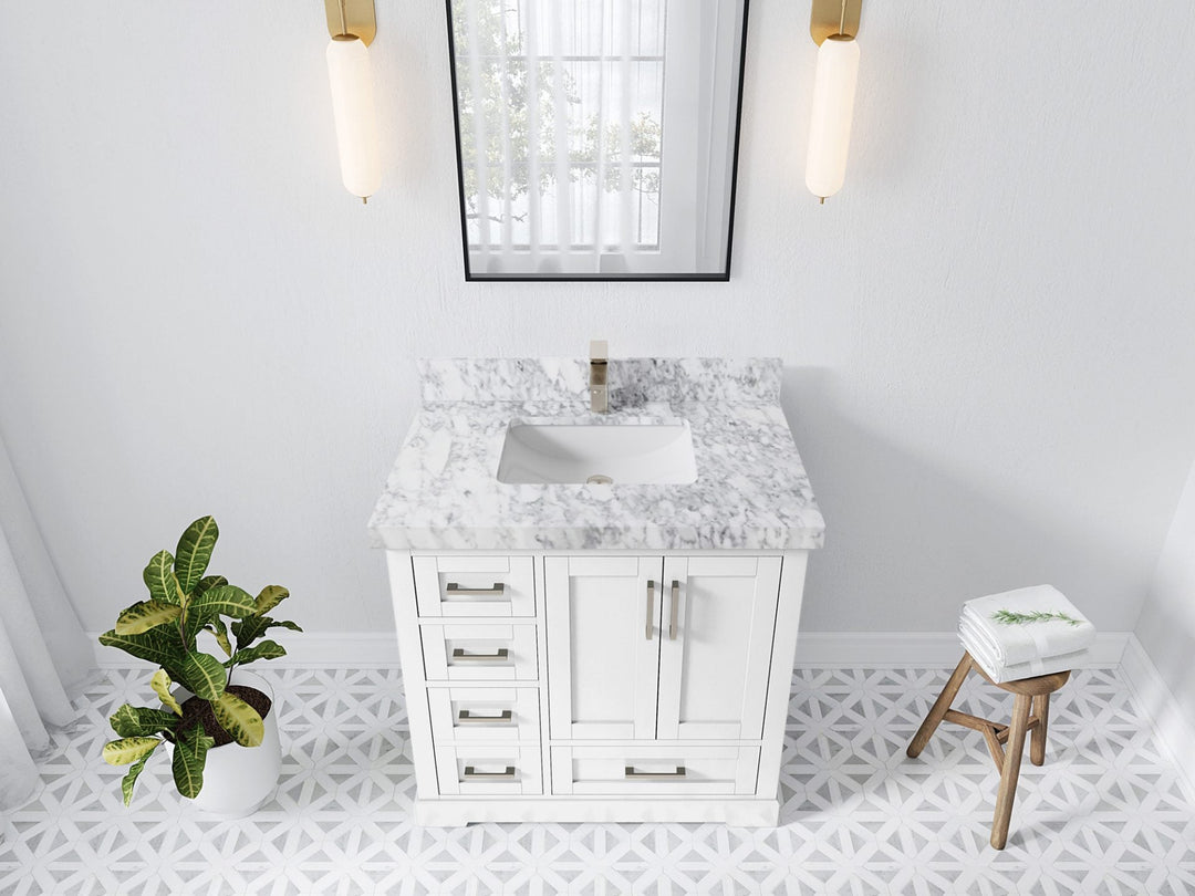 Boston 36 in. W x 22 in. D Single Sink Bathroom Vanity in White with 2 in Carrara Marble Countertop - Top View