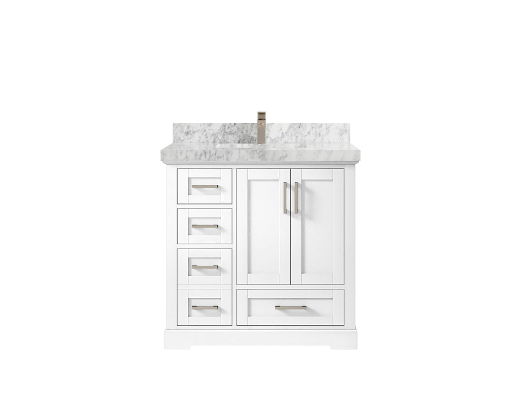 Boston 36 in. W x 22 in. D Single Sink Bathroom Vanity in White with 2 in Carrara Marble Countertop