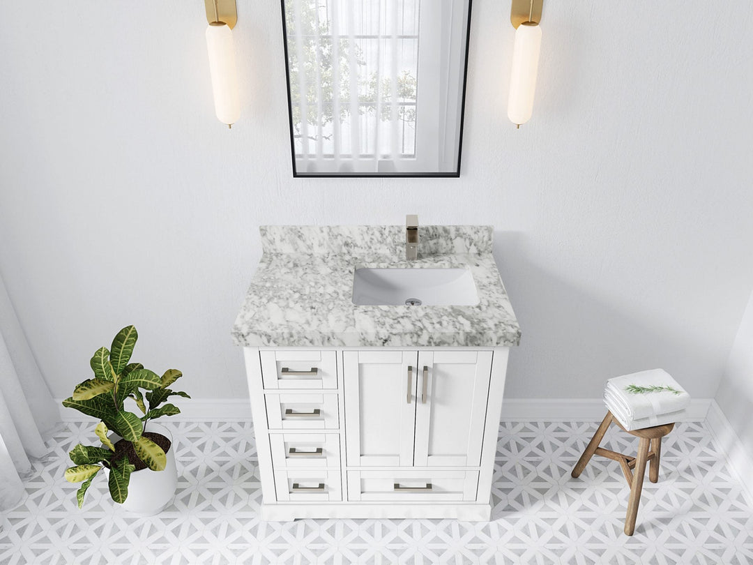 Boston 36 in. W x 22 in. D Single Sink Bathroom Vanity in White with 2 in Carrara Marble Countertop - Top View