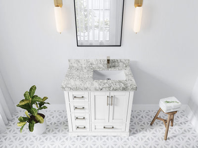 Boston 36 in. W x 22 in. D Single Sink Bathroom Vanity in White with 2 in Carrara Marble Countertop - Top View