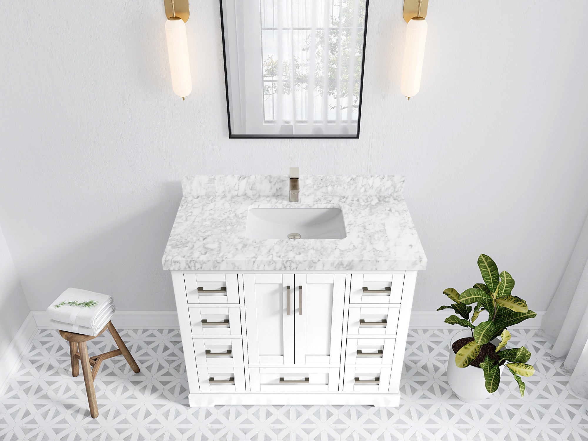 Boston 42 in. W x 22 in. D Single Sink Bathroom Vanity in White with 2 in Carrara Marble Countertop - Top View