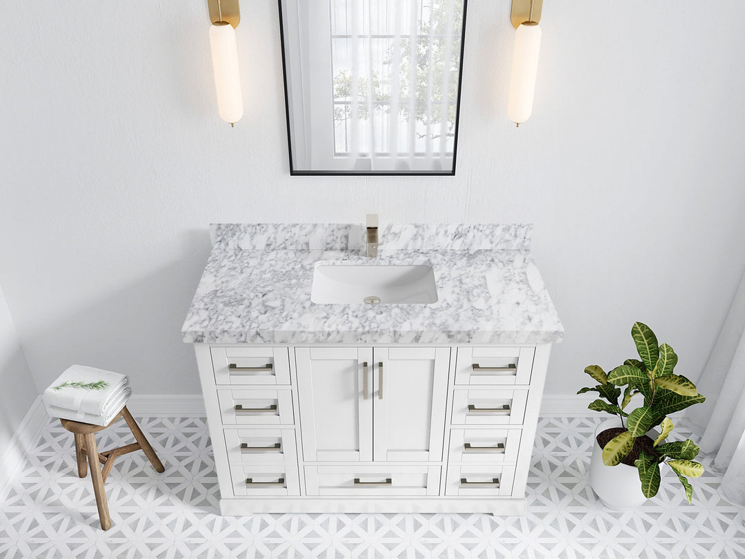 Boston 48 in. W x 22 in. D Single Sink Bathroom Vanity in White with 2 in Carrara Marble Countertop - Top View