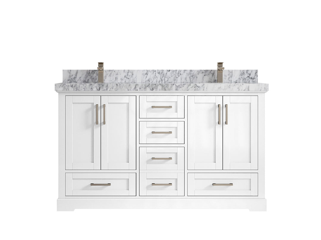Boston 60 in. W x 22 in. D Double Sink Bathroom Vanity in White with 2 in Carrara Marble Countertop