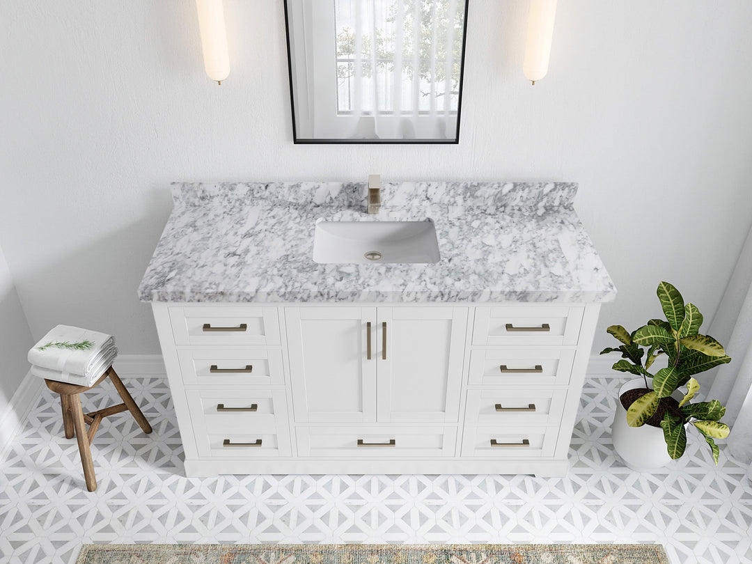 Boston 60 in. W x 22 in. D Single Sink Bathroom Vanity in White with 2 in Carrara Marble Countertop - Top View