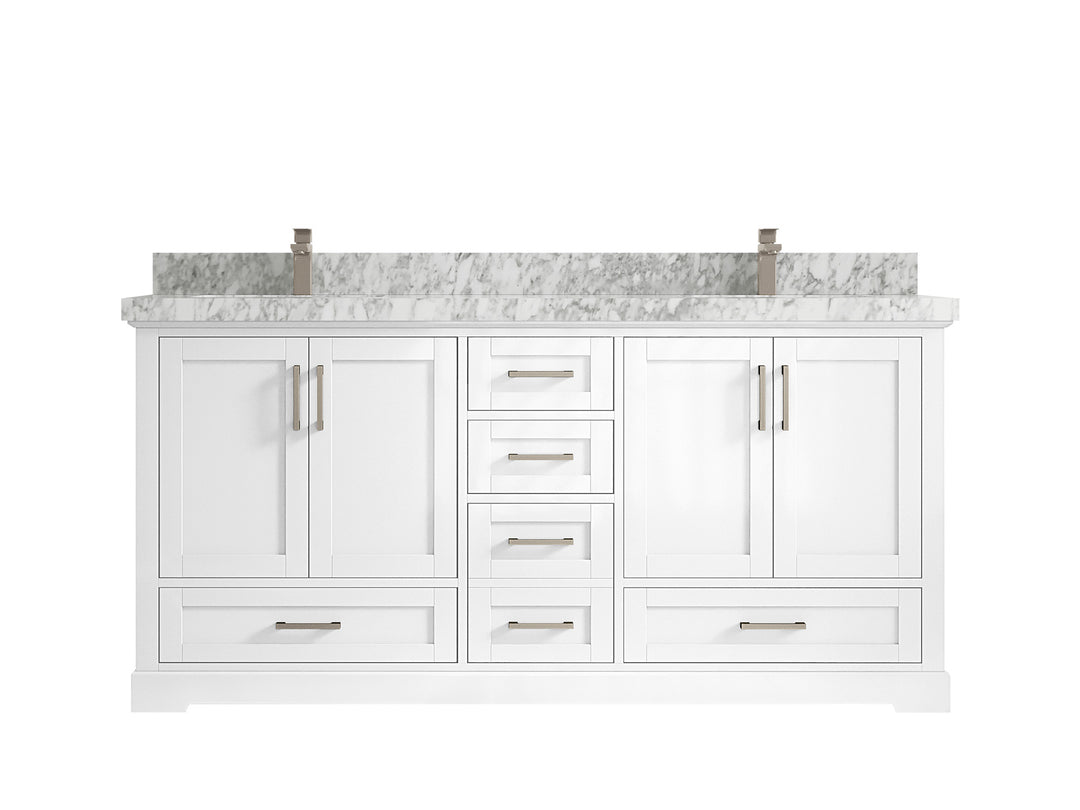 Boston 72 in. W x 22 in. D Double Sink Bathroom Vanity in White with 2 in Carrara Marble Countertop