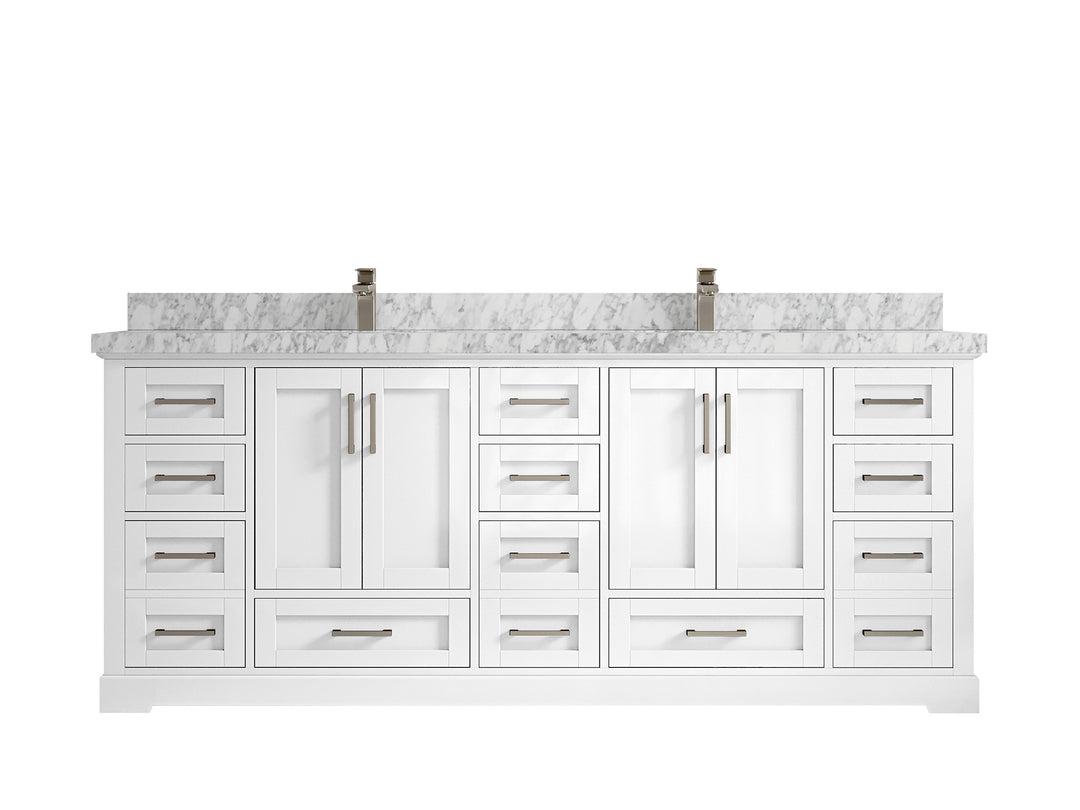 Boston 84 in. W x 22 in. D Double Sink Bathroom Vanity in White with 2 in Carrara Marble Countertop