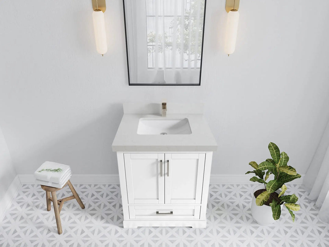 Boston 30 in. W x 22 in. D Single Sink Bathroom Vanity in White with 2 in Carrara Quartz Countertop - Top View
