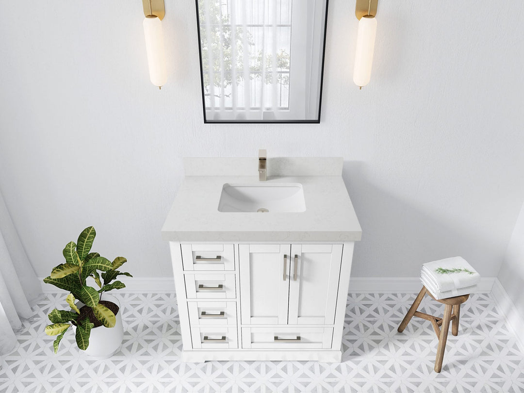 Boston 36 in. W x 22 in. D Single Sink Bathroom Vanity in White with 2 in Carrara Quartz Countertop - Top View