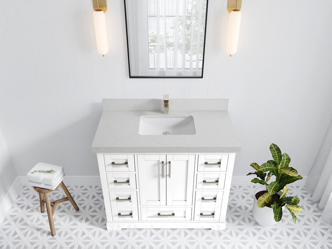 Boston 42 in. W x 22 in. D Single Sink Bathroom Vanity in White with 2 in Carrara Quartz Countertop - Top View