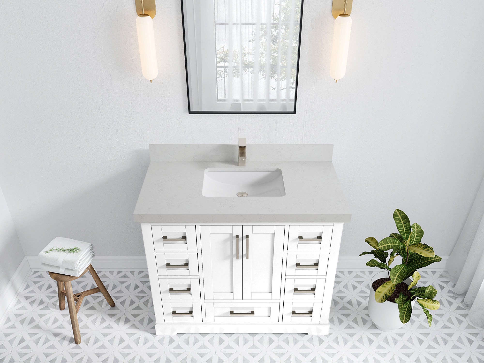 Boston 42 in. W x 22 in. D Single Sink Bathroom Vanity in White with 2 in Carrara Quartz Countertop - Top View