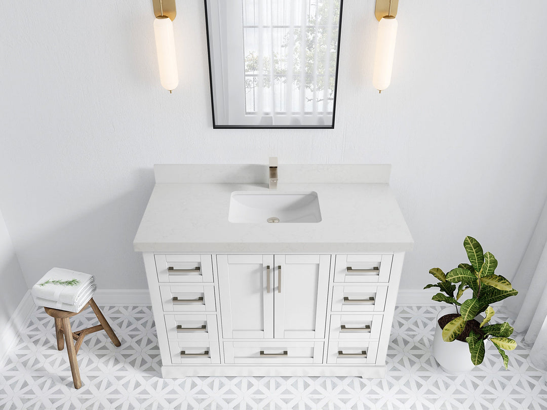 Boston 48 in. W x 22 in. D Single Sink Bathroom Vanity in White with 2 in Carrara Quartz Countertop - Top View