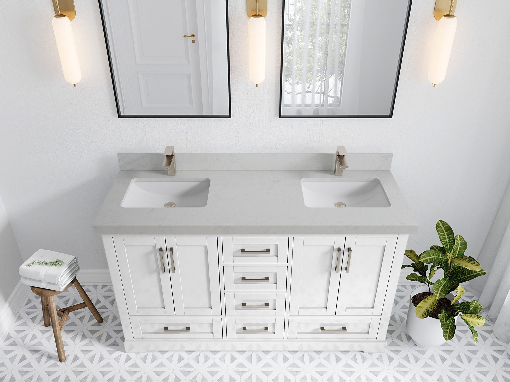 Boston 60 in. W x 22 in. D Double Sink Bathroom Vanity in White with 2 in Carrara Quartz Countertop - Top View