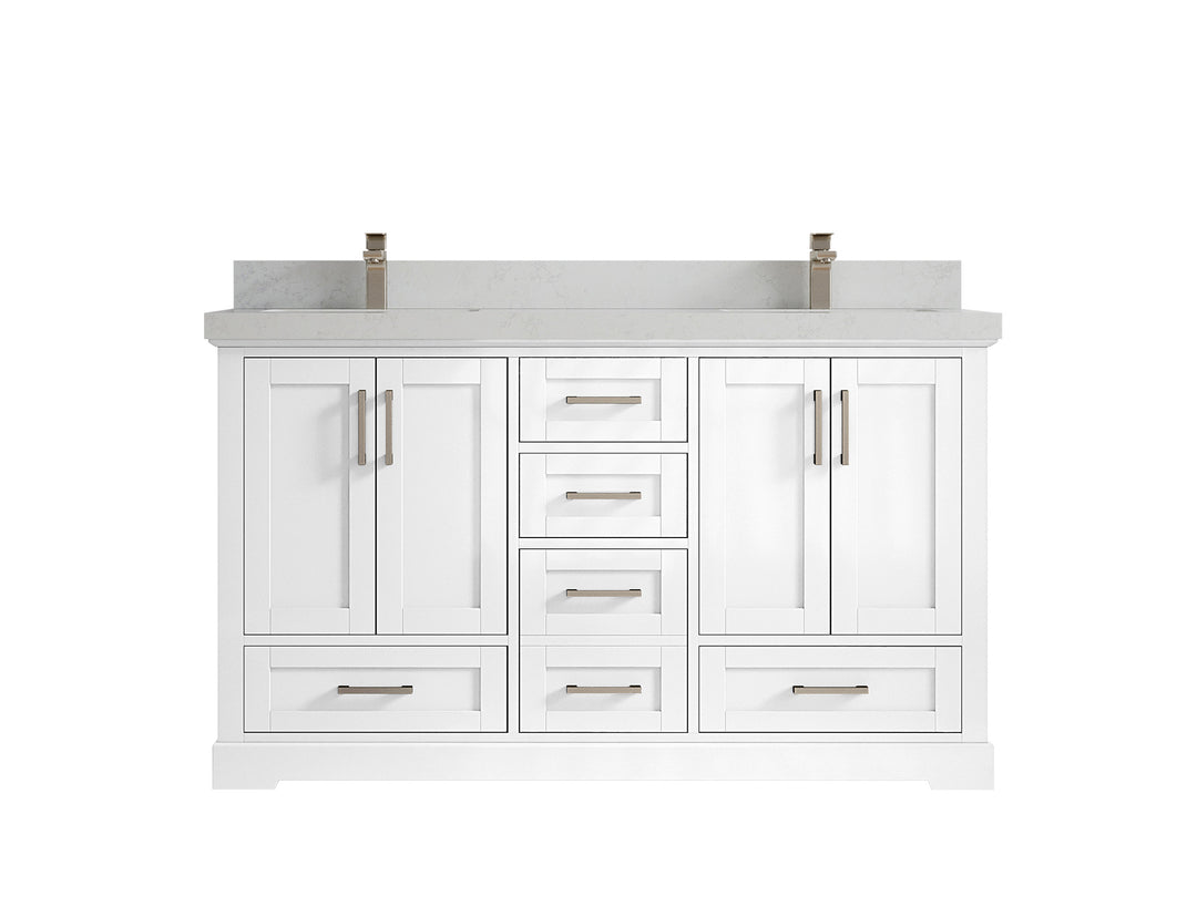 Boston 60 in. W x 22 in. D Double Sink Bathroom Vanity in White with 2 in Carrara Quartz Countertop