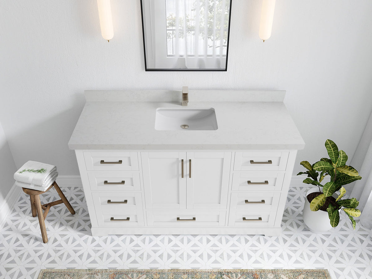 Boston 60 in. W x 22 in. D Single Sink Bathroom Vanity in White with 2 in Carrara Quartz Countertop - Top View