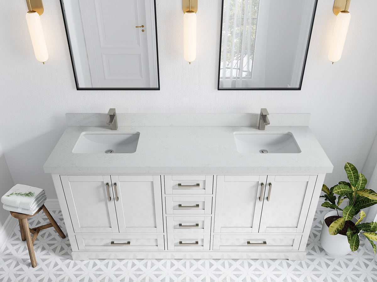 Boston 72 in. W x 22 in. D Double Sink Bathroom Vanity in White with 2 in Carrara Quartz Countertop - Top View