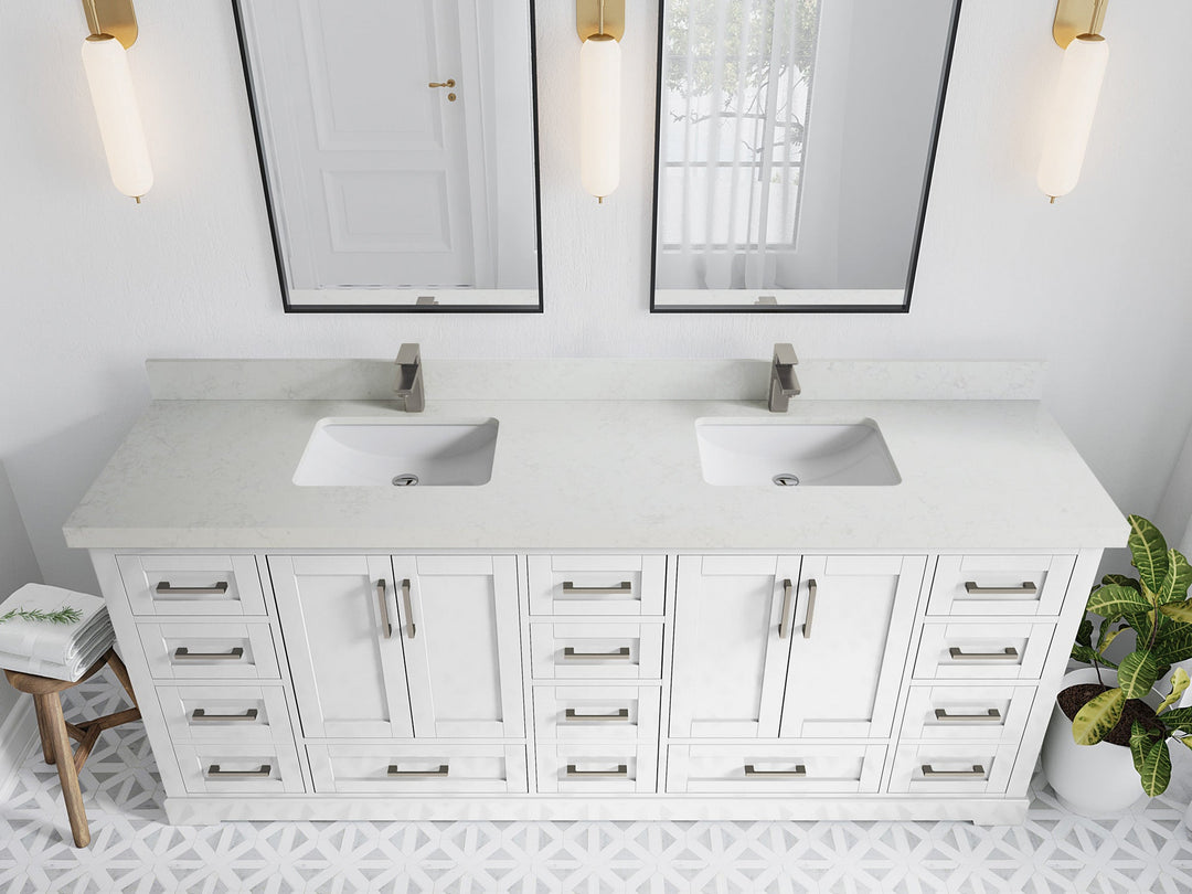 Boston 84 in. W x 22 in. D Double Sink Bathroom Vanity in White with 2 in Carrara Quartz Countertop - Top View