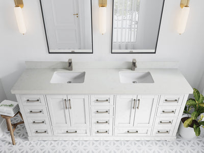 Boston 84 in. W x 22 in. D Double Sink Bathroom Vanity in White with 2 in Carrara Quartz Countertop - Top View