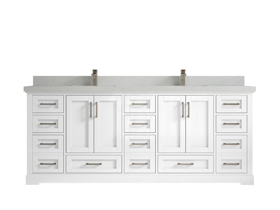 Boston 84 in. W x 22 in. D Double Sink Bathroom Vanity in White with 2 in Carrara Quartz Countertop