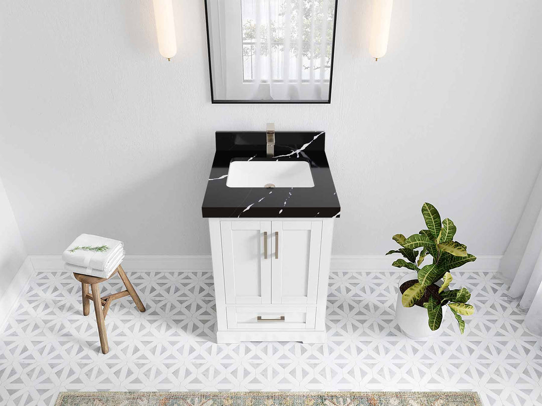 Boston 24 in. W x 22 in. D Single Sink Bathroom Vanity in White with 2 in Calacatta Black Quartz Countertop - Top View