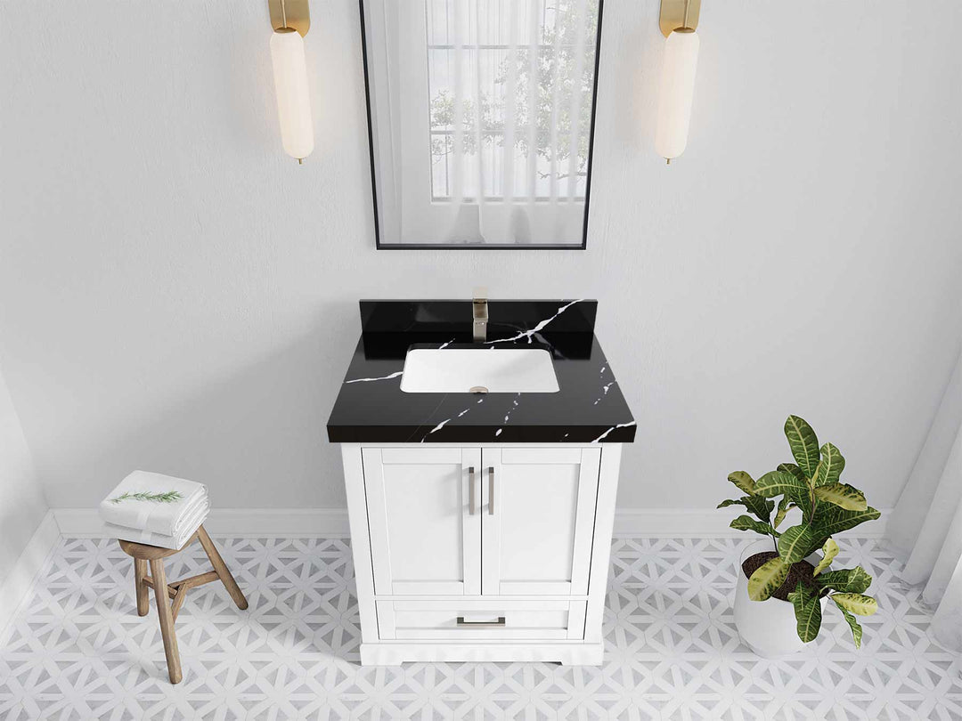 Boston 30 in. W x 22 in. D Single Sink Bathroom Vanity in White with 2 in Calacatta Black Quartz Countertop - Top View
