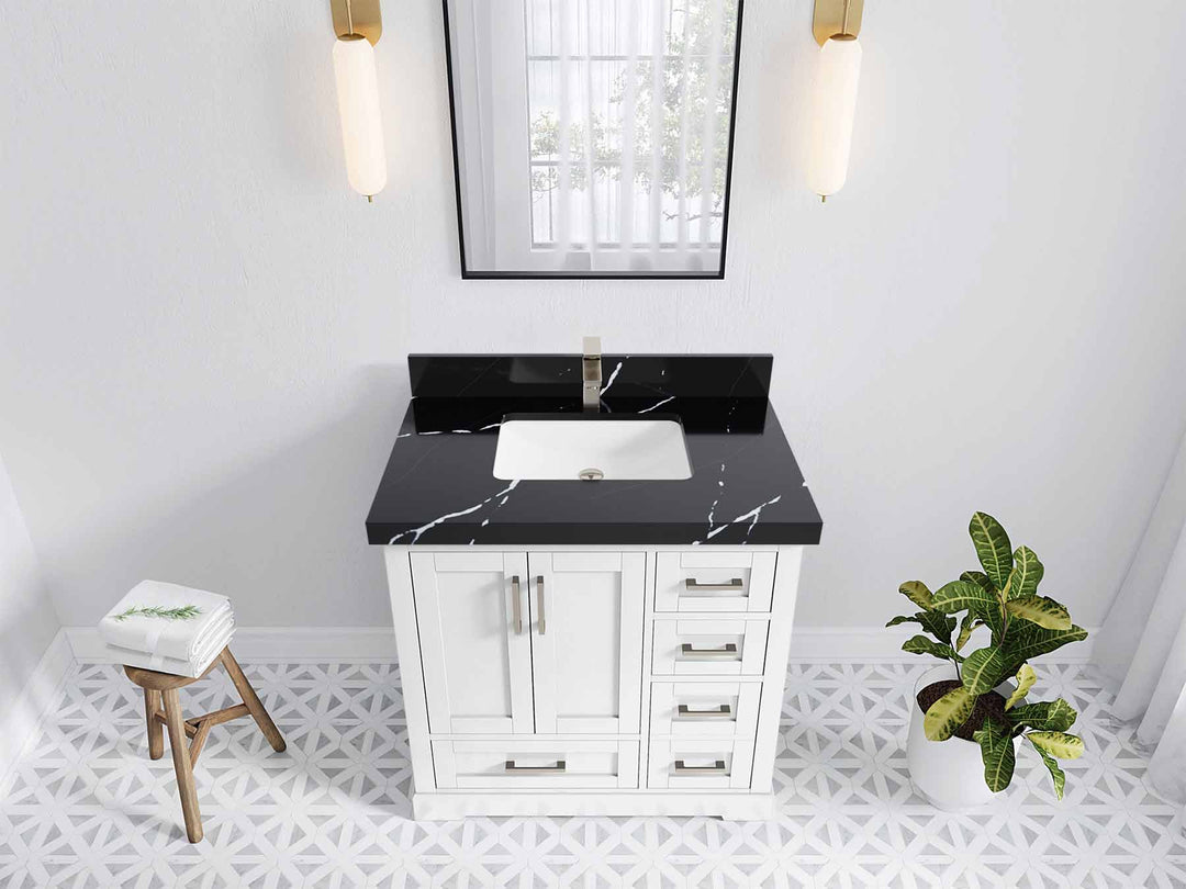 Boston 36 in. W x 22 in. D Single Sink Bathroom Vanity in White with 2 in Calacatta Black Quartz Countertop - Top View