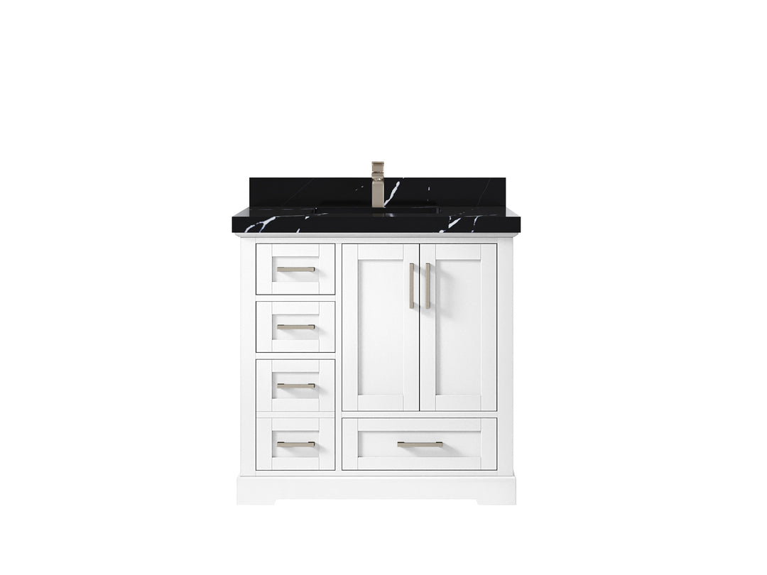 Boston 36 in. W x 22 in. D Single Sink Bathroom Vanity in White with 2 in Calacatta Black Quartz Countertop