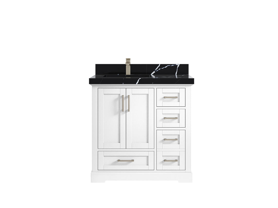 Boston 36 in. W x 22 in. D Single Sink Bathroom Vanity in White with 2 in Calacatta Black Quartz Countertop