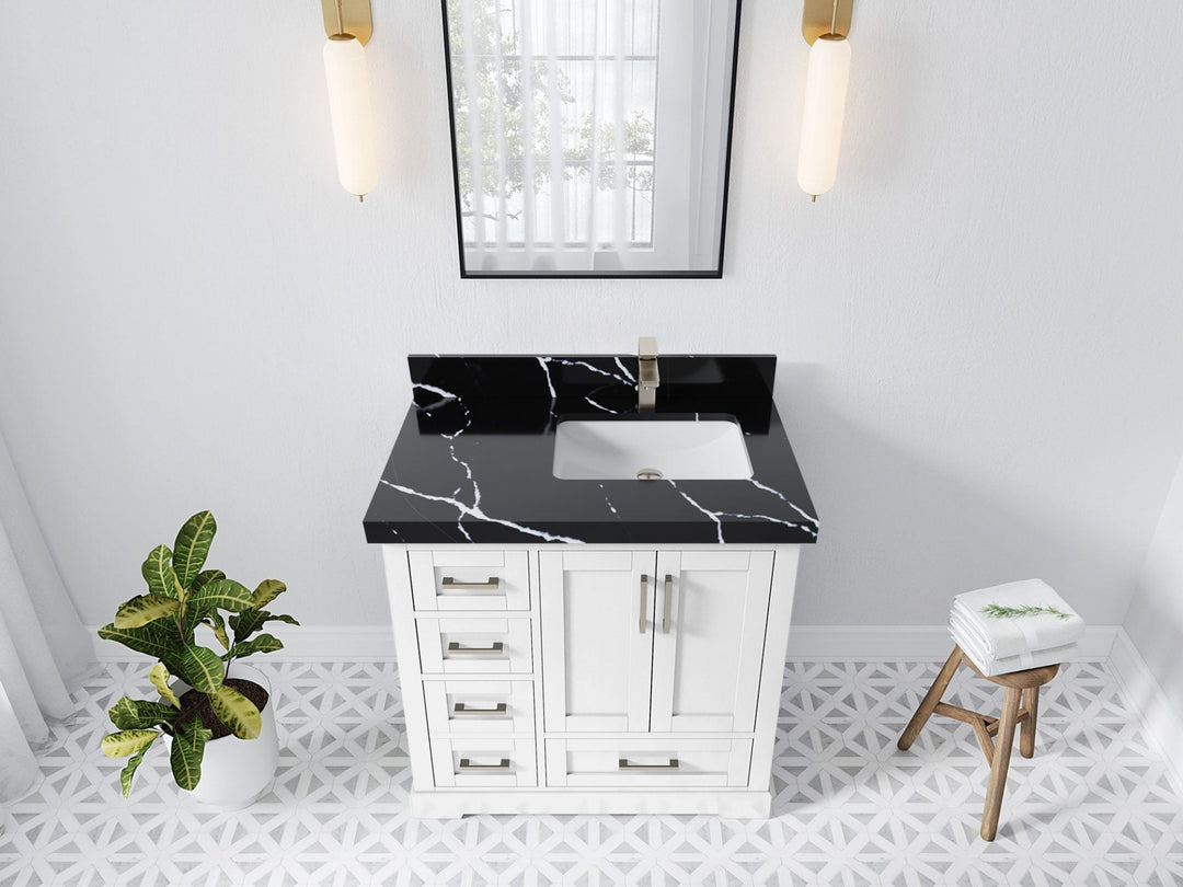 Boston 36 in. W x 22 in. D Single Sink Bathroom Vanity in White with 2 in Calacatta Black Quartz Countertop - Top View
