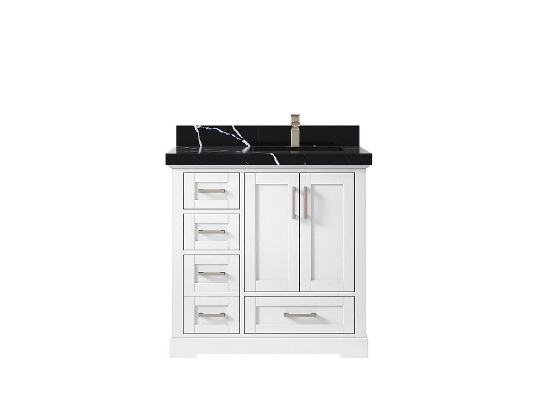 Boston 36 in. W x 22 in. D Single Sink Bathroom Vanity in White with 2 in Calacatta Black Quartz Countertop