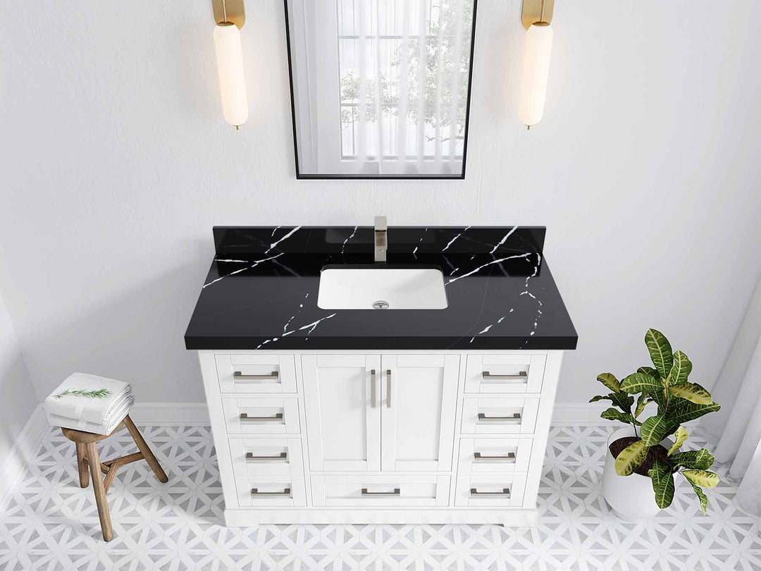 Boston 48 in. W x 22 in. D Single Sink Bathroom Vanity in White with 2 in Calacatta Black Quartz Countertop - Top View