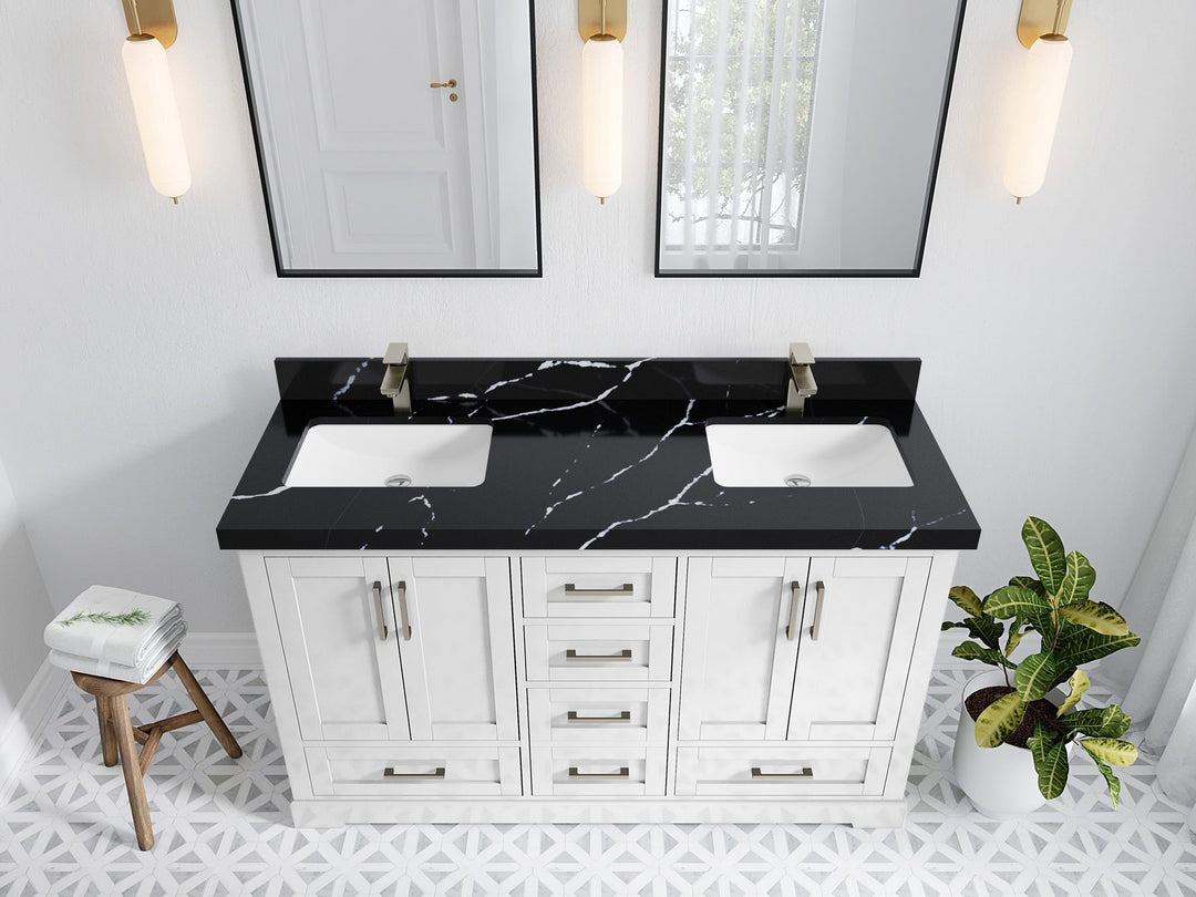 Boston 60 in. W x 22 in. D Double Sink Bathroom Vanity in White with 2 in Calacatta Black Quartz Countertop - Top View
