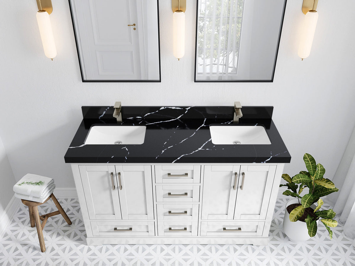 Boston 60 in. W x 22 in. D Double Sink Bathroom Vanity in White with 2 in Calacatta Black Quartz Countertop - Top View