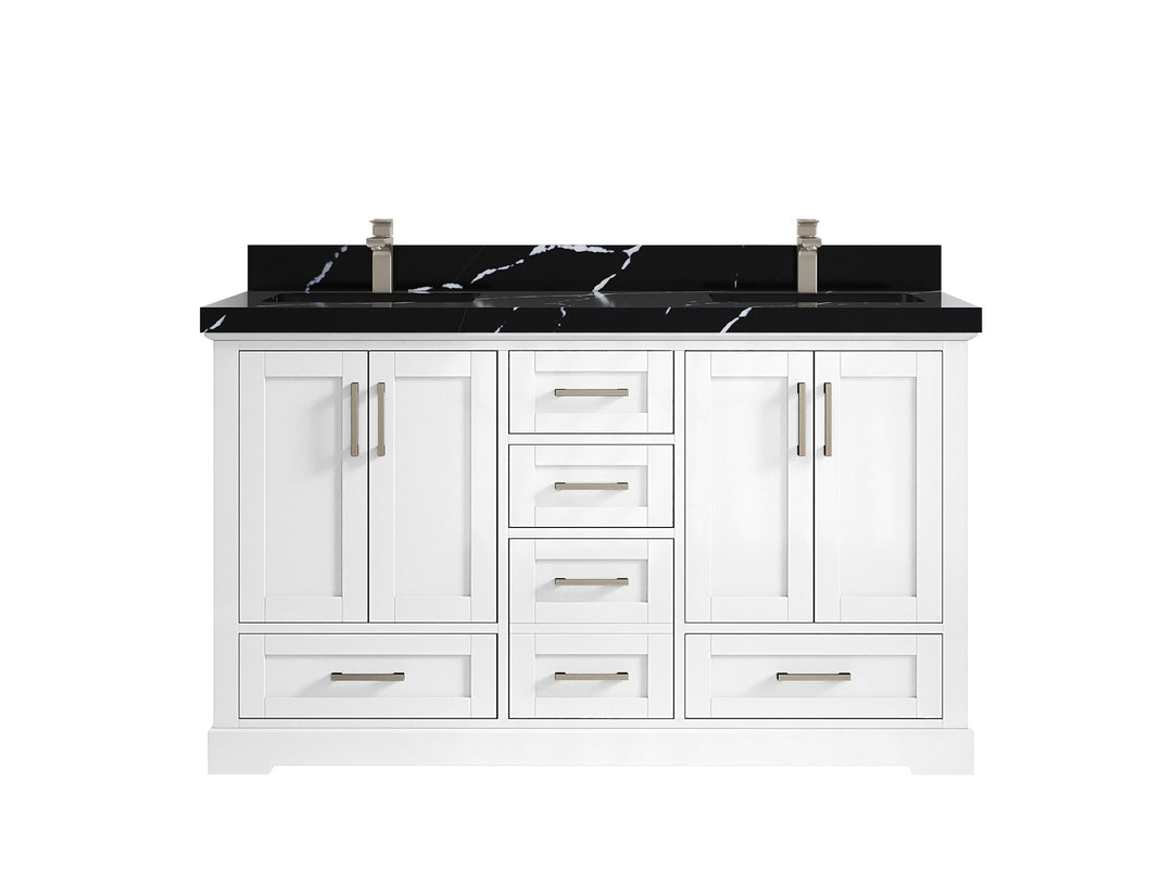 Boston 60 in. W x 22 in. D Double Sink Bathroom Vanity in White with 2 in Calacatta Black Quartz Countertop
