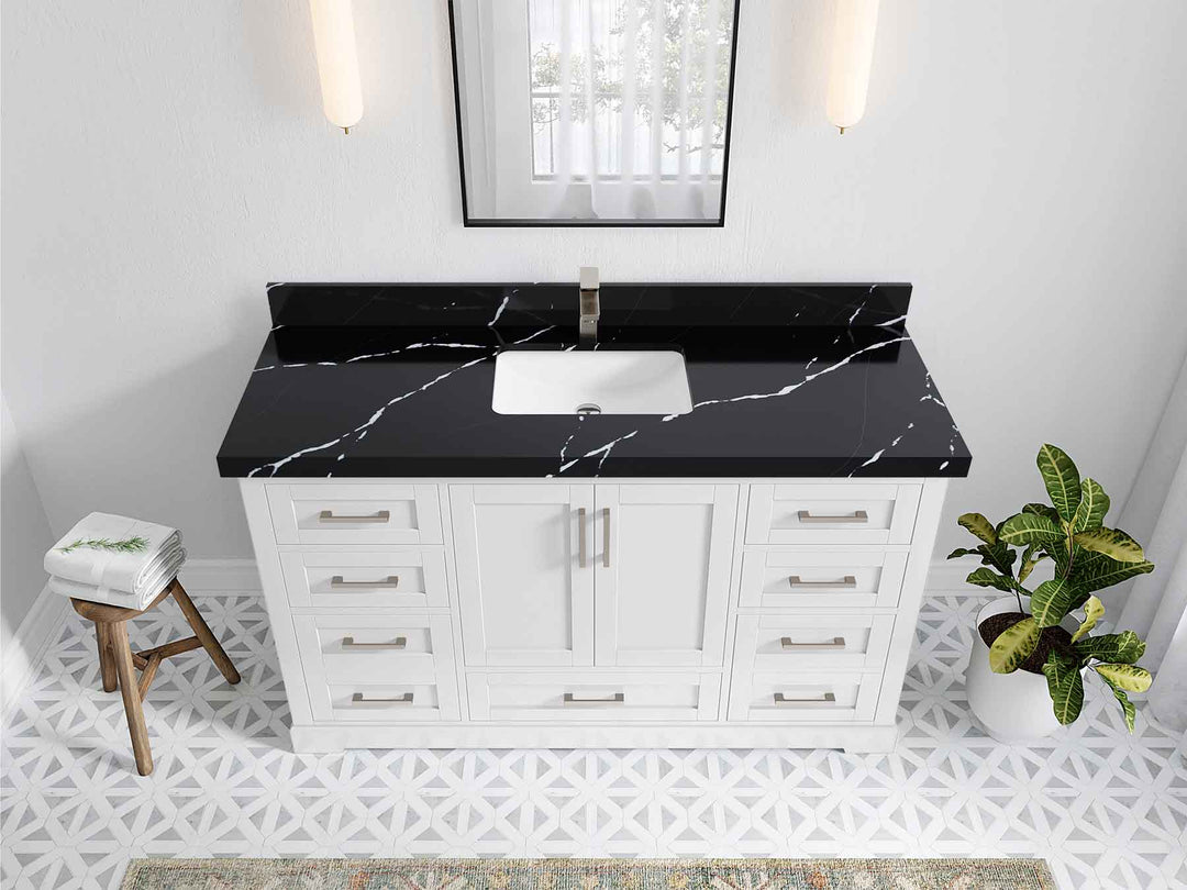 Boston 60 in. W x 22 in. D Single Sink Bathroom Vanity in White with 2 in Calacatta Black Quartz Countertop - Top View