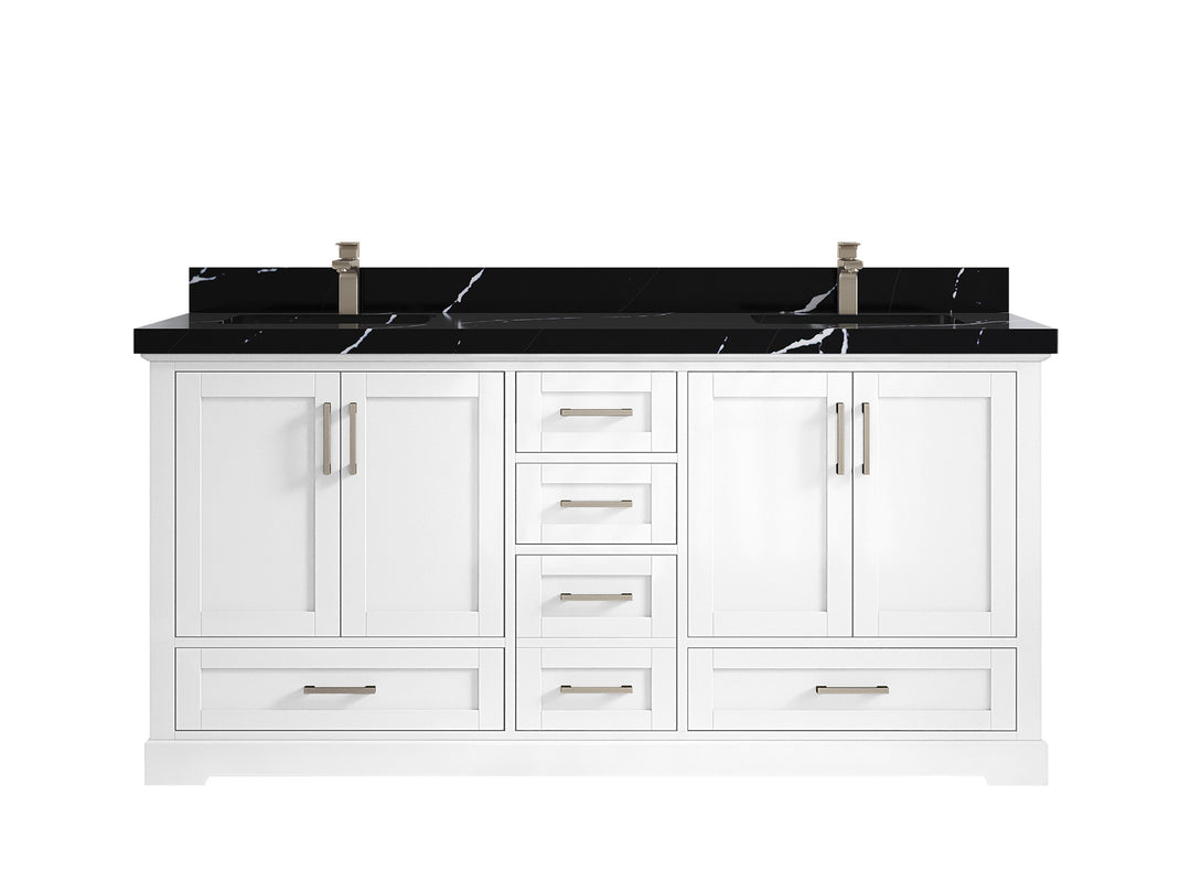 Boston 72 in. W x 22 in. D Double Sink Bathroom Vanity in White with 2 in Calacatta Black Quartz Countertop