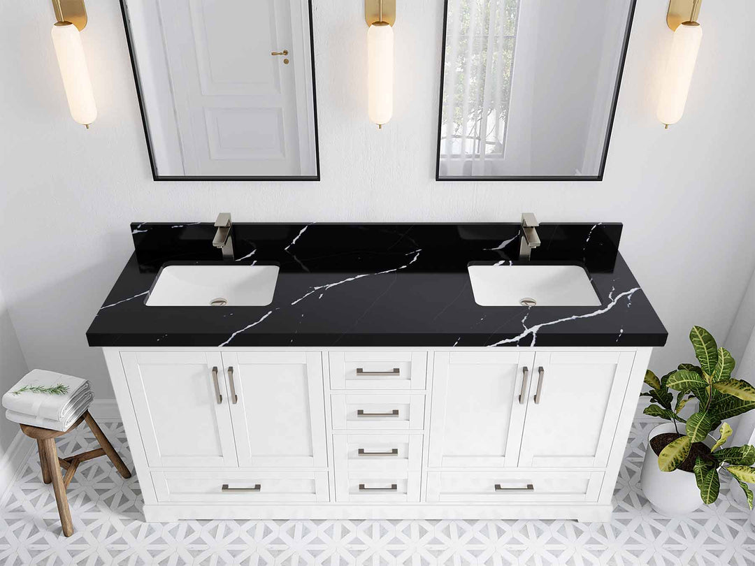 Boston 72 in. W x 22 in. D Double Sink Bathroom Vanity in White with 2 in Calacatta Black Quartz Countertop - Top View
