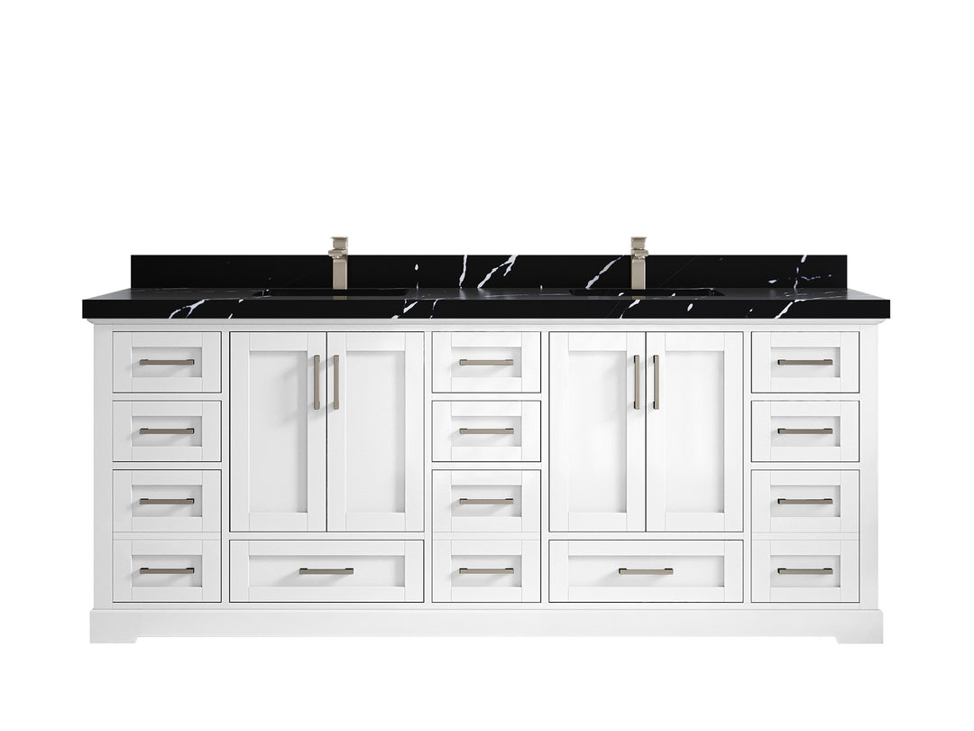 Boston 84 in. W x 22 in. D Double Sink Bathroom Vanity in White with 2 in Calacatta Black Quartz Countertop