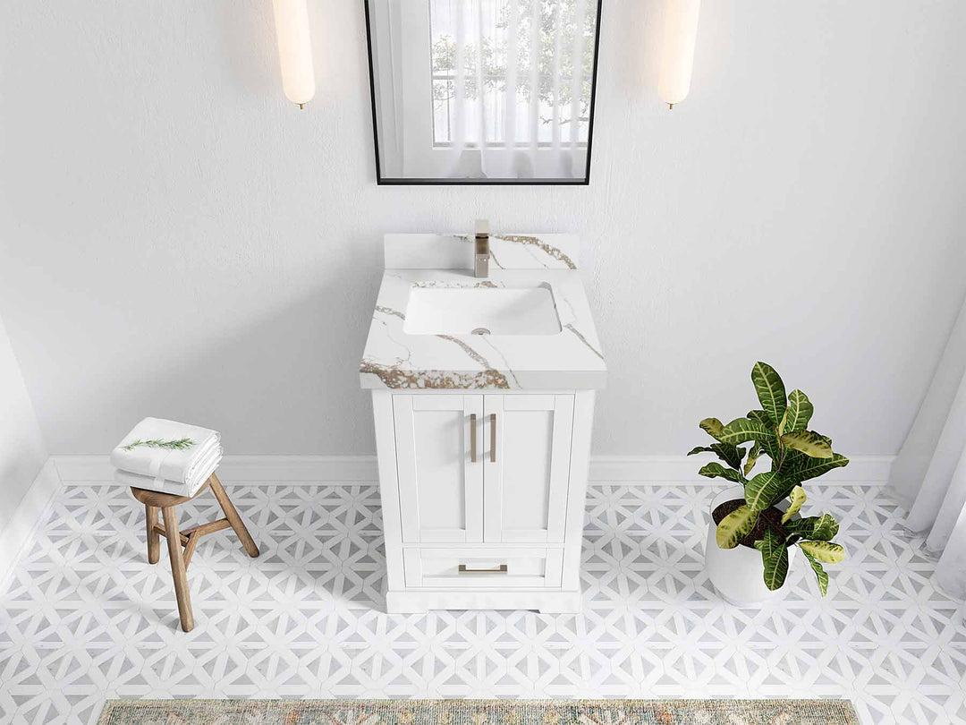 Boston 24 in. W x 22 in. D Single Sink Bathroom Vanity in White with 2 in Calacatta Gold Quartz Countertop - Top View